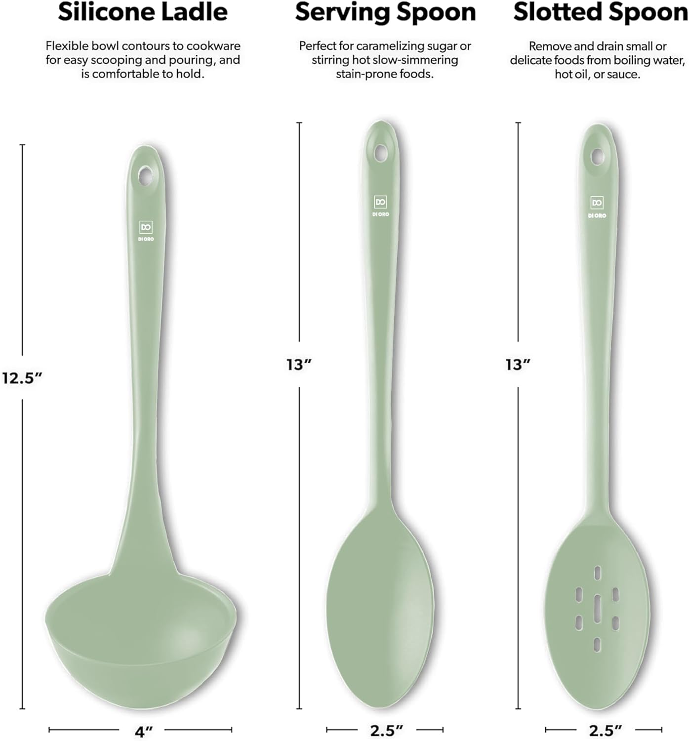 DI ORO Silicone Ladle & Spoons for Cooking – Large Kitchen Spoons for Mixing, Serving, & Stirring - Soup Ladle with Wide Bowl - High Heat Silicone Kitchen Utensils for Nonstick Cookware Safe (Sage)