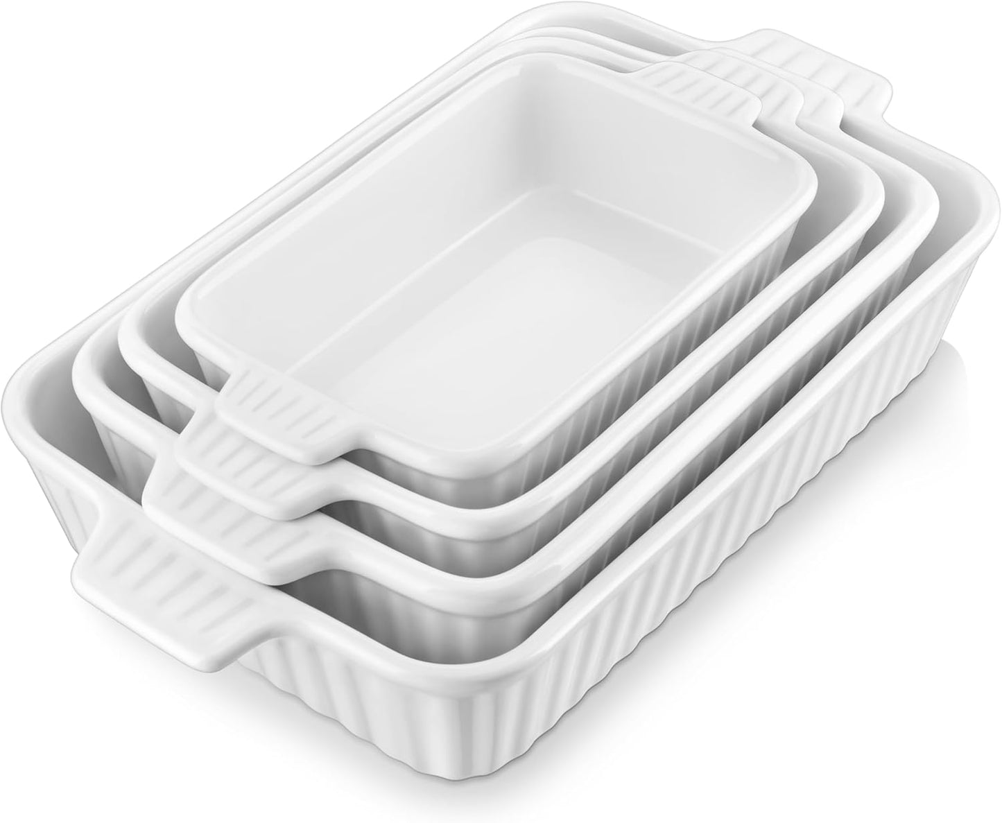 MALACASA Casserole Dishes for Oven, Porcelain Baking Dishes, Ceramic Bakeware Sets of 4, Rectangular Lasagna Pans Deep with Handles for Baking Cake Kitchen, White (9.4"/11.1"/12.2"/14.7"), Series