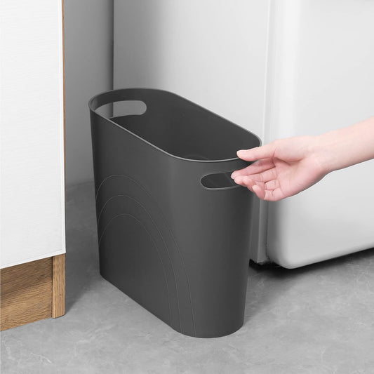 rejomiik Small Trash Can, 3.5 Gallon Slim Garbage Can Plastic Waste Basket with Handles Container Bin for Narrow Spaces Bathroom, Bedroom, Kitchen, Office at Home, Dark Gray