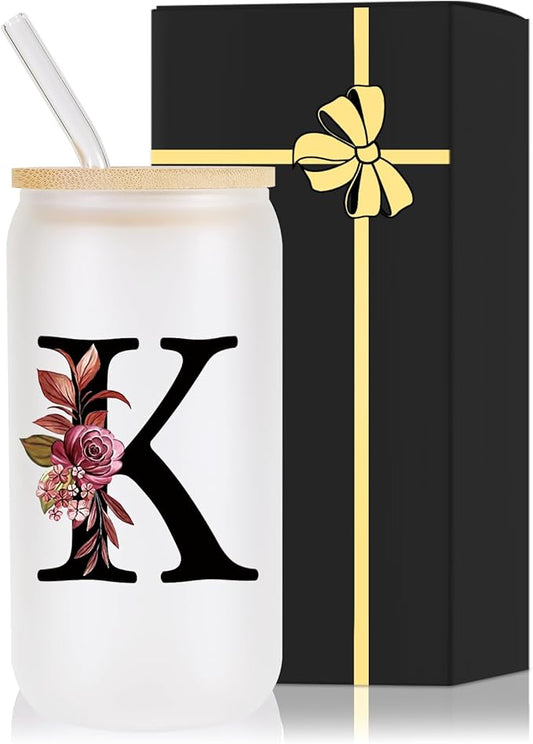 Monogrammed Glass Drinking Cup With Lid Straw Mother Day Best Mama Mom Ever from Daughter Son Christmas Xmas Valentines Birthday Groom Gifts Bride Mother In Law Personalized Unique Special Present,K
