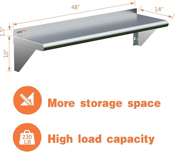 Stainless Steel Wall Mounted Shelf 14x48 inches 4ft, Commercial Food Service Metal Storage Rack Shelves for Kitchen, Restaurant, Garage and Laundry