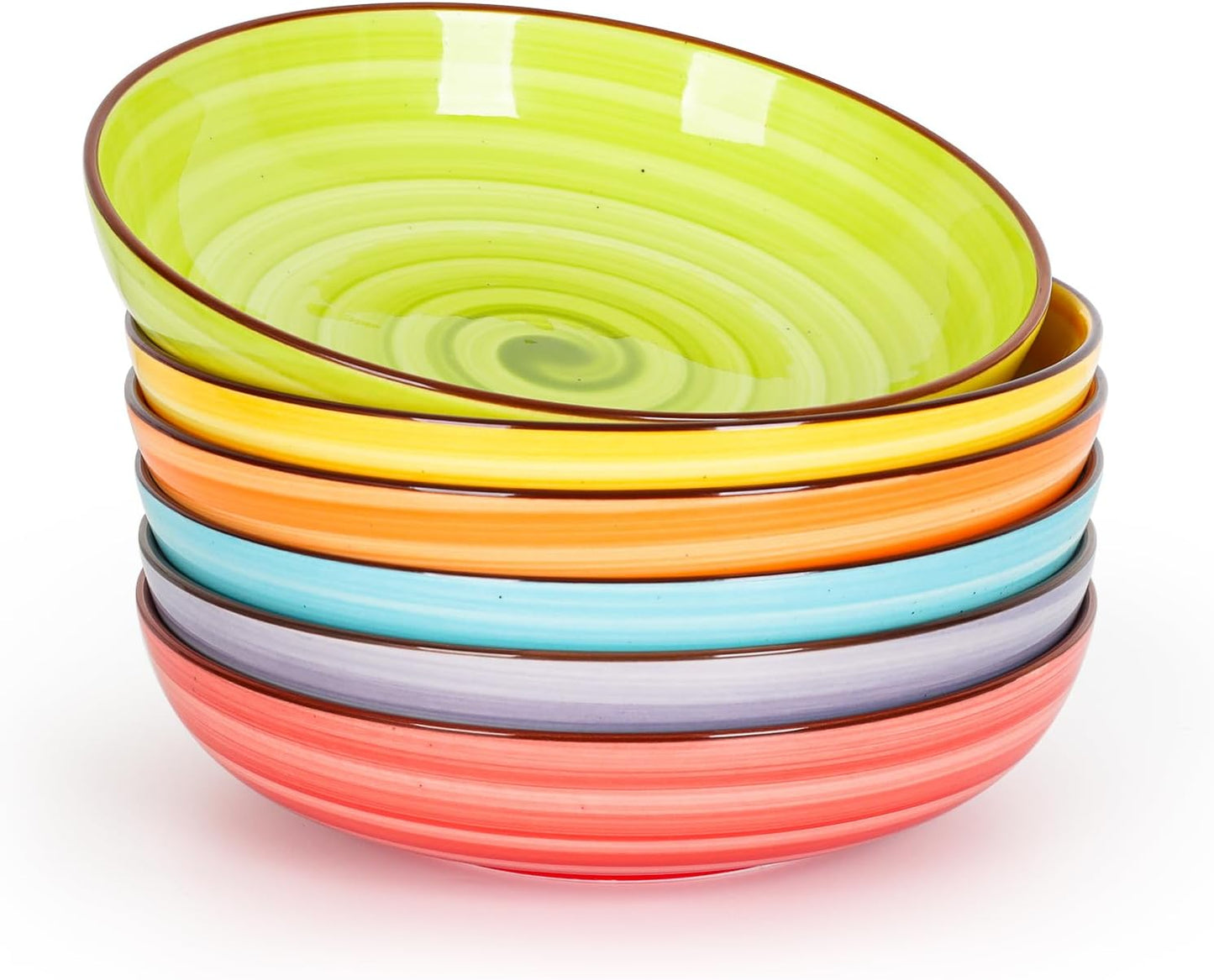 KitchenTour Pasta Bowls, Ceramic Salad Bowls Serving Bowl Set 26 oz, 8 Inch Colorful Porcelain Wide and Shallow Bowls Set - Dishwasher and Microwave Safe - Set of 6