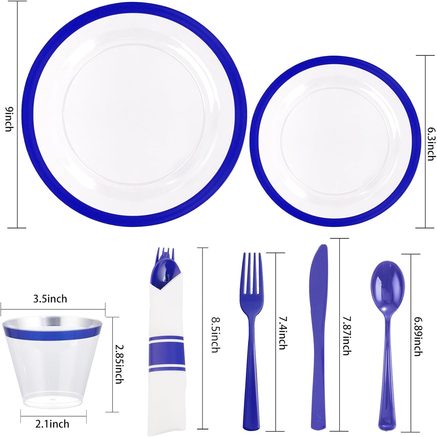 Liacere 350PCS Blue Plastic Plates - Clear with Blue Trim for 50Guests Dinnerware Include 100 Clear Plates disposable 150 Silverware 50Napkins for Wedding＆Back to School＆Labor Day