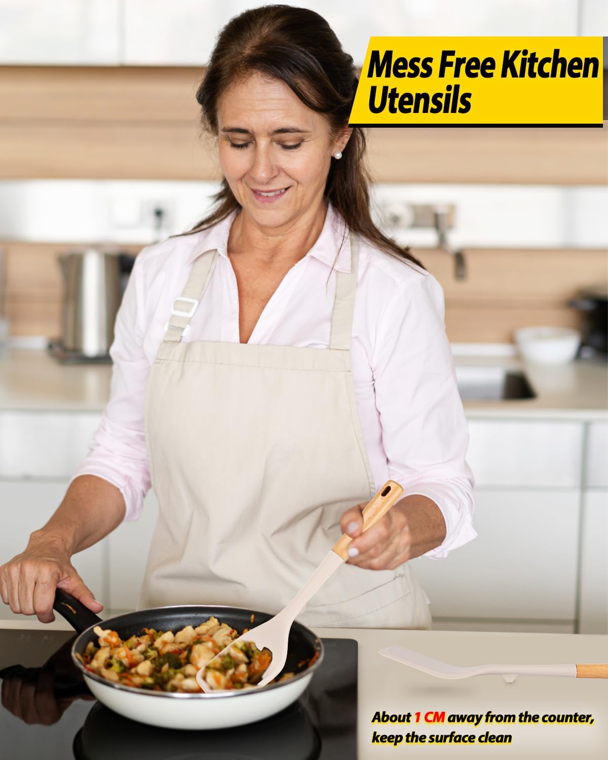 Pack of 2 Large Silicone Spatula, Heat Resistant Solid Turner, Non Stick Slotted Spatulas with Wooden Handle, Ideal Kitchen Utensils for Flipping, Pancakes, Eggs, Fish(KHAKI)