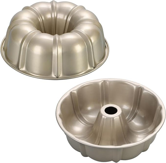 P&P CHEF 10 Inch Light Gold Non-stick Cake Pan, Carbon Steel Fluted Tube Round Baking Pan for Pound Cake, 10-Cup Large Capacity Bakeware, Healthy & Heavy Duty, 2 Pieces