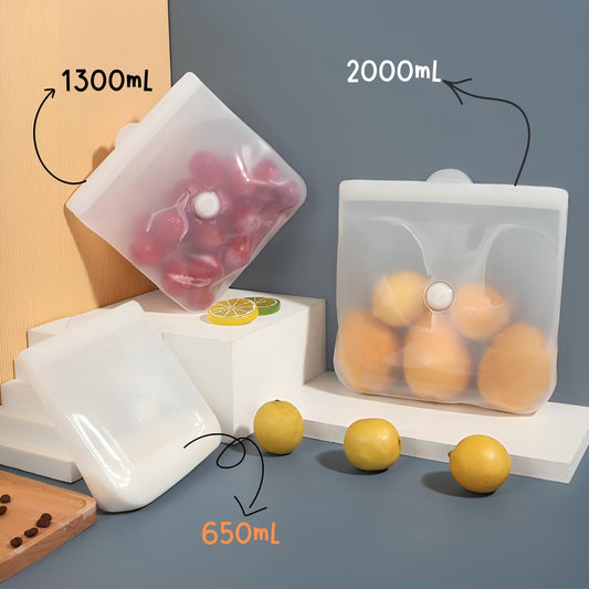 Reusable Silicone Food Storage Bags – Premium Eco-Friendly Multi-Size Set (650ml/1300ml/2000ml), Leakproof, BPA-Free, Freezer & Microwave Safe, Dishwasher Friendly (White(Clear))