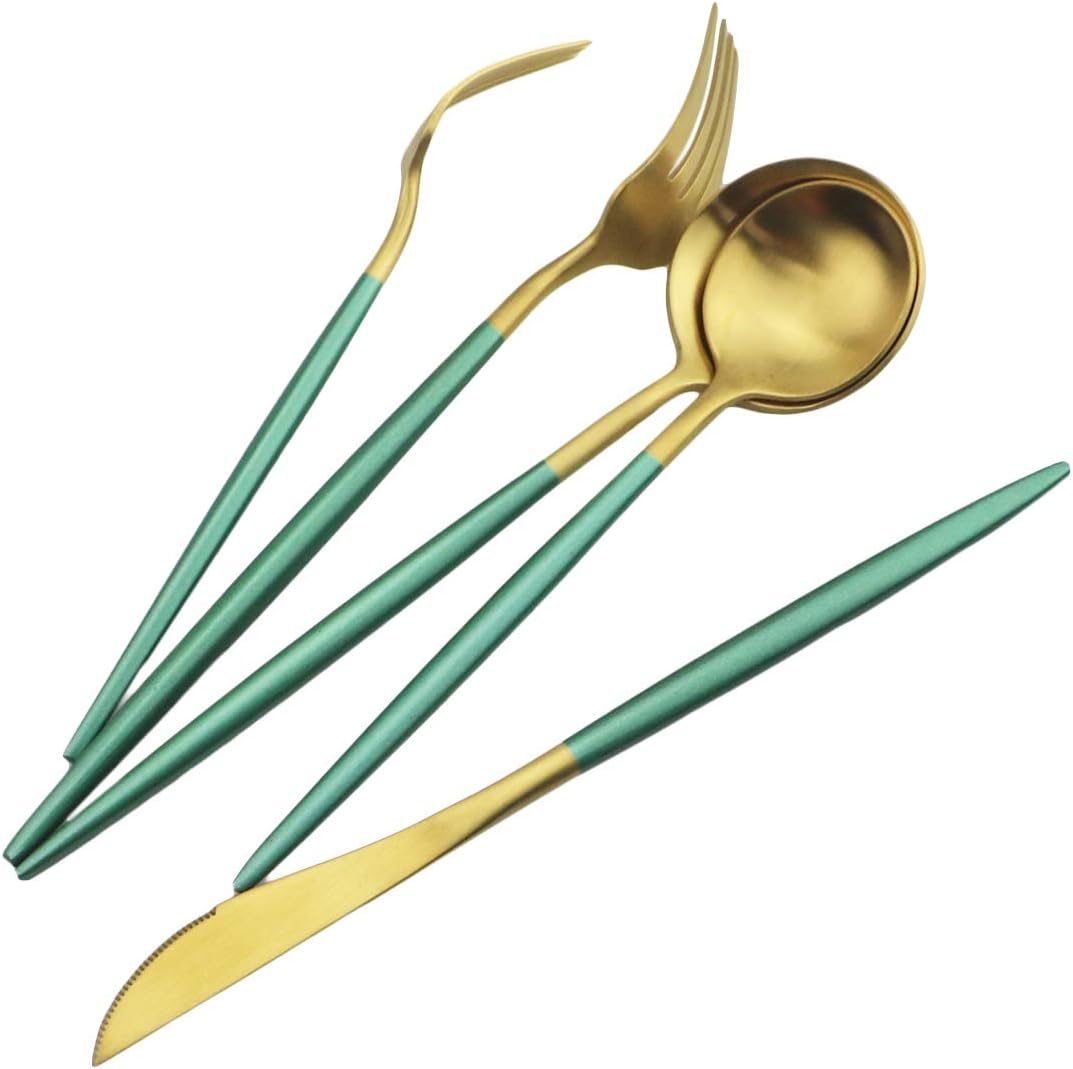 JASHII Silverware Sets, 5-Piece Green Flatware 18/10 Stainless Steel Heavy Weight Forged Cutlery Eating Utensils Forks Spoons Knives Set Tableware Service for 1 Matte Finished (Green & Gold)