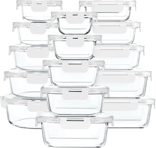 30 Pieces Glass Food Storage Containers with Upgraded Snap Locking Lids,Glass Meal Prep Containers Set - Airtight Lunch Containers, Microwave, Oven, Freezer and Dishwasher Friendly (White)