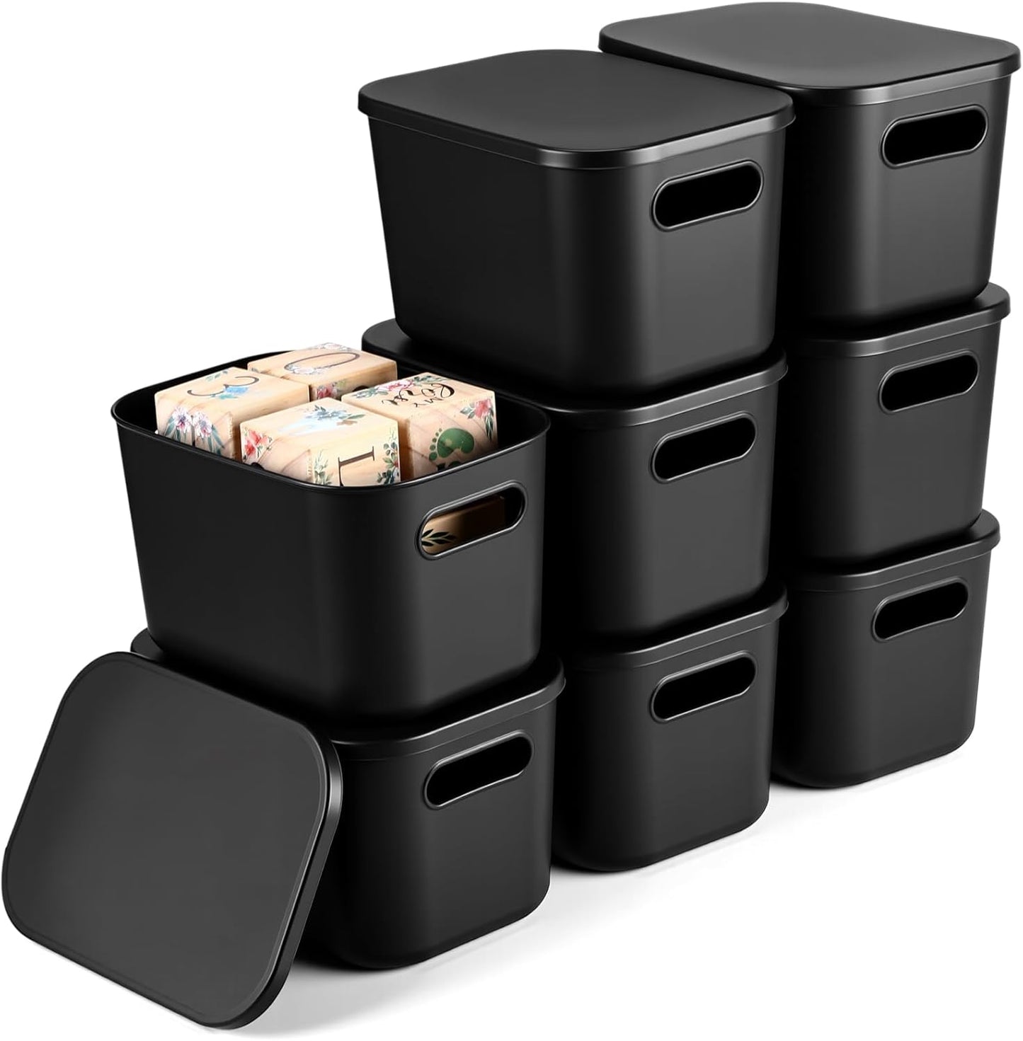 Hoolerry 8 Pieces Colorful Storage Bins with Lid, Plastic Storage Basket Organizing Container Stackable Box with Handle for Shelves Desktop Playroom Office(9.8 x 7.1 x 6.3 Inch,Black)
