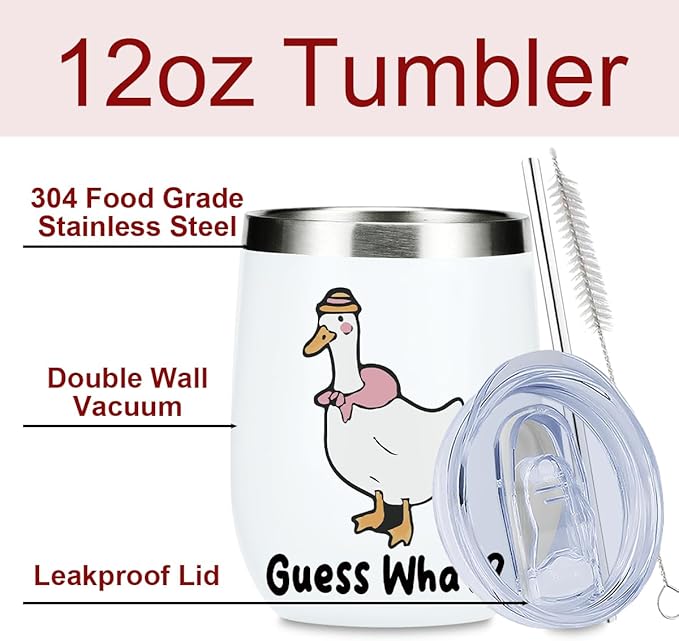 VICBOU Cute Funny 12 oz Tumbler, Wine Tumbler Insulated Wine Glass with Lid, Duck Gifts for Girls Boys Women Men Mom Animal Lovers Duck Supplies Accessories Friendship Appreciation Christmas Birthday