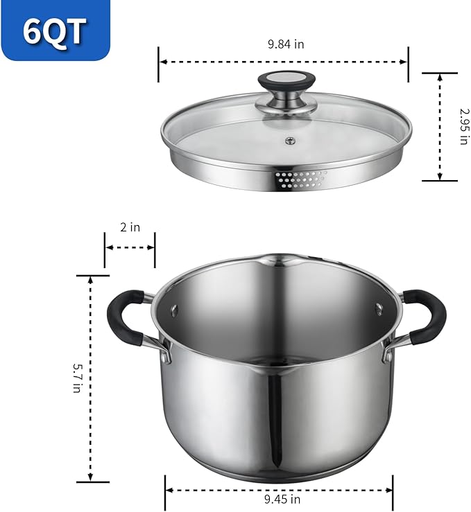 6 Quart Stainless Steel Stock Pot with Strainer Glass Lid,6 Qt Soup Pot Multipurpose Stockpot with Pour Spout,Stay-cool silicone Handle.