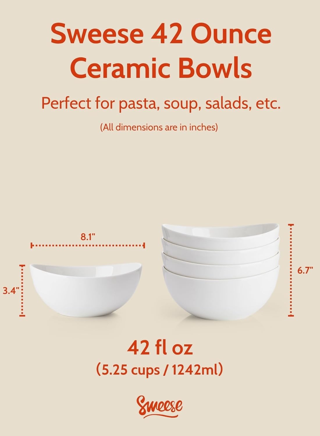 Sweese 42oz Porcelain Serving Bowls - Set of 4, 8-Inch White Bowls for Salad, Soup, Pasta & More - Microwave, Dishwasher & Oven Safe