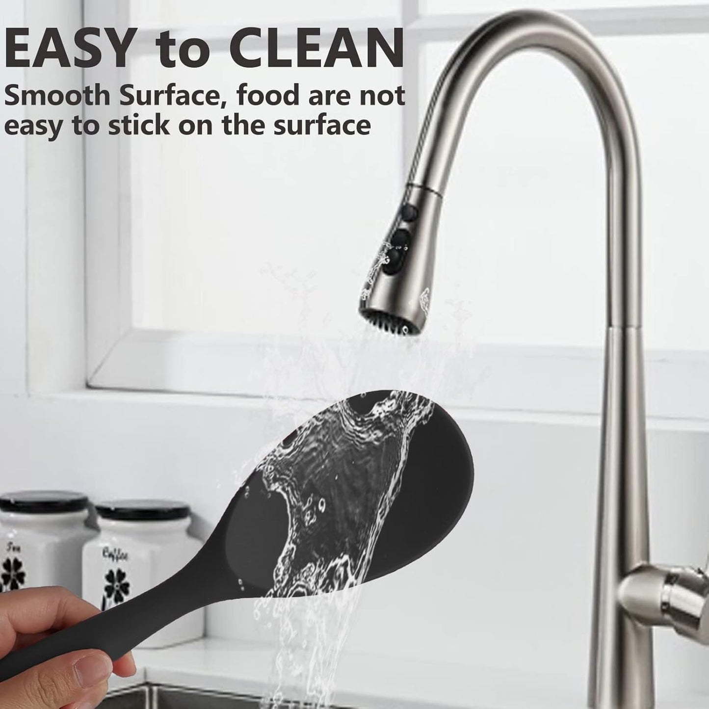 Dioycli Rice Paddle Nonstick Rice Spatula Heat Resistant Silicone Rice Spoon, Kitchen Cooking Black Rice Scooper for Soup, Salads, Mashed Potato (2 Pcs)