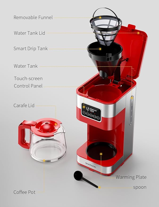 SHARDOR 10-Cup Programmable Coffee Maker, Regular & Strong Brew Drip Coffee Machine for Home and Office, Auto Shut Off, Permanent Filter (red)