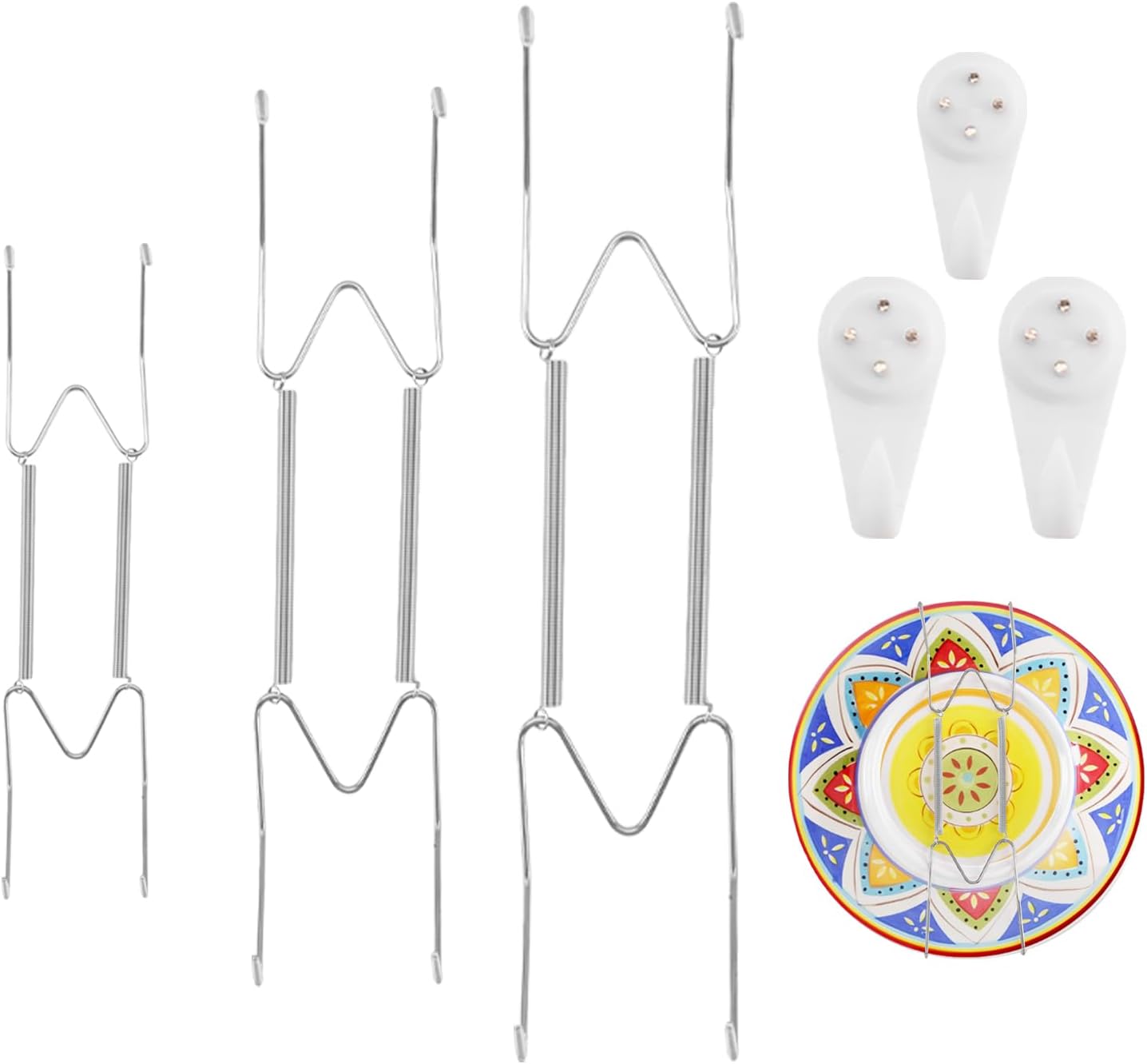 3 Pack 10/12/14 Inch Decorative Plate Medium Plate Hangers for The Wall, Invisible Stainless Steel Plate Wall Hangers for Display with Wall Hooks, for Plates/ Platter/Dish/Picture （Silver）