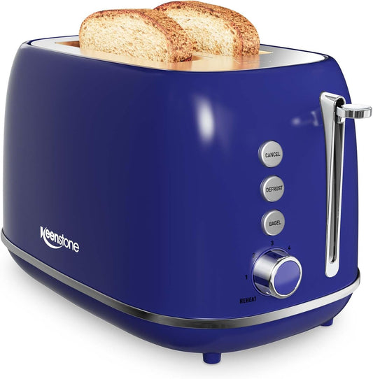 Keenstone Retro 2-Slice Stainless Steel Toaster - Bagel, Cancel, Defrost Functions, Extra Wide Slots, High Lift Lever, 6 Shade Settings, Removable Crumb Tray, Dark Blue