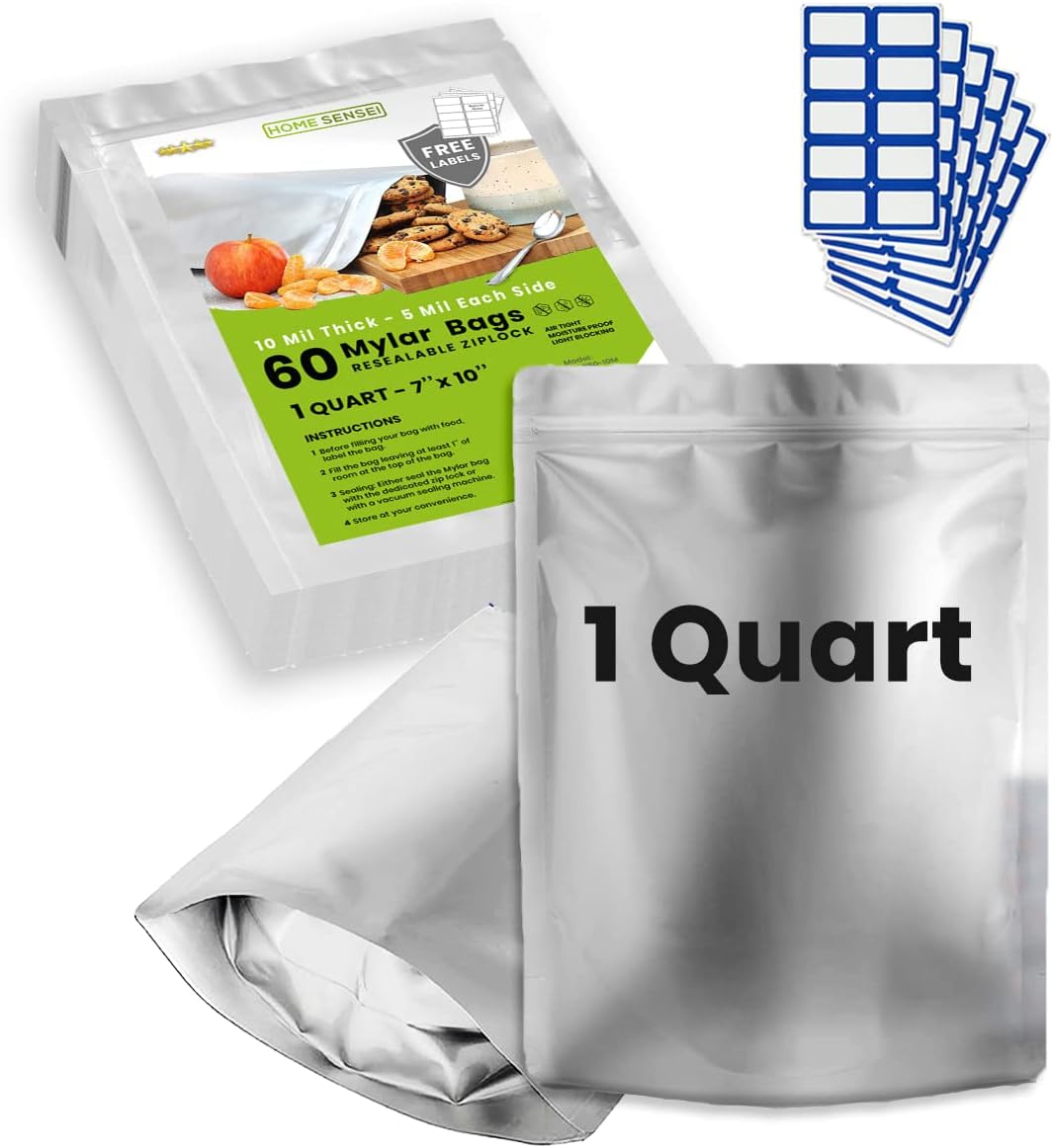60pcs 1 Quart Mylar Bags for Food Storage - ExtraThick 10 Mil - Smell Proof Mylar bags 1 Quart - Stand-Up Zipper Pouches 7" x 10" - Small Mylar Bags for Food Storage - Heat Sealable