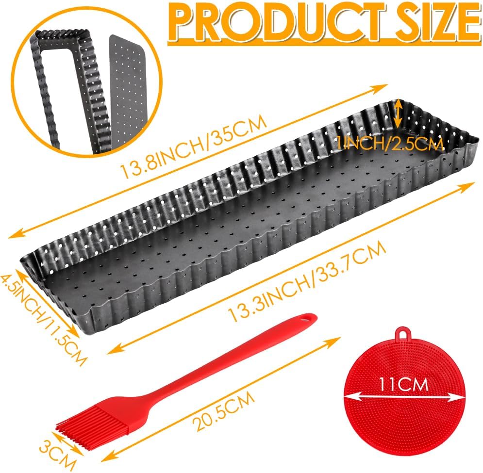 Rectangle Tart Pan with Removable Bottom, 14 Inch Perforated Tart Quiche Pan Nonstick Pie Pan with Oil & Dish Brush, Baking Tray with Loose Bottom for Fluted Pies, Quiche,Tart