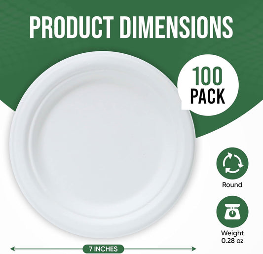 7-Inch White Paper Plates 100 Pack - 100% Compostable Dessert Plates | Leakproof Disposable Plates for Party, Microwave Safe & Oil Resistant, Eco-Friendly Small Dinnerware (100 Count)