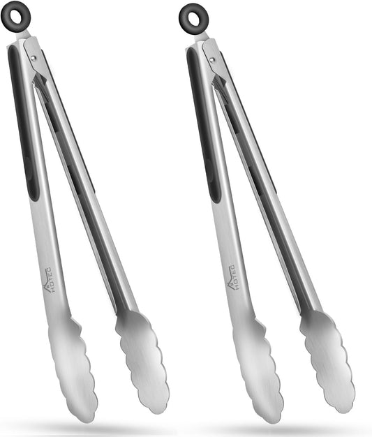 Hotec Stainless Steel Kitchen Tongs, Set of 2-12", Locking Metal Food Tongs for Cooking, Serving, BBQ, Grill Non-Slip Grip