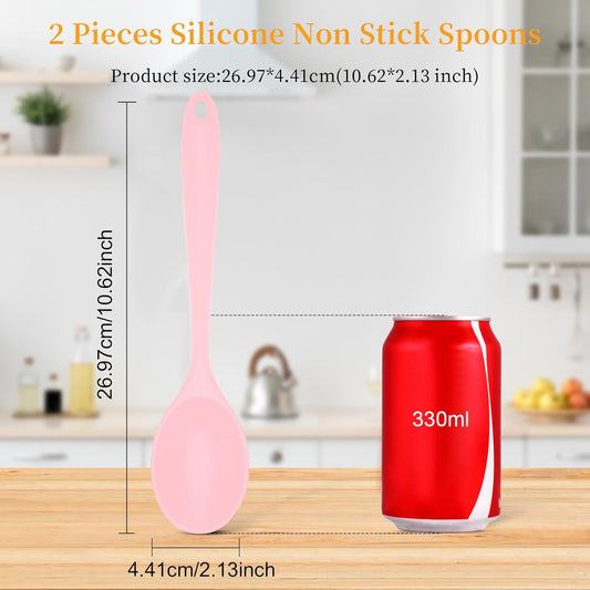 2 Pcs Silicone Nonstick Mixing Spoon, Silicone Spoons for Cooking Heat Resistant, Cooking Utensil for Kitchen Cooking Baking Stirring Serving (Pink)