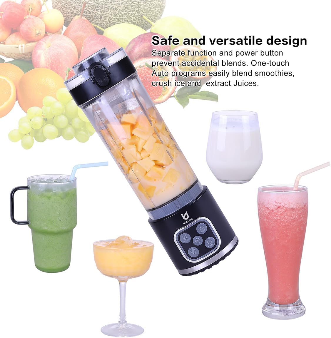 UTALENT Cordless Portable Blender, 25 oz removable Vessel，Powerful Personal Blender, for Smoothies, Ice Crush, 4 Programs, Leakproof-Lid & Sip Spout, USB-C Rechargeable, Dishwasher Safe Parts, Black