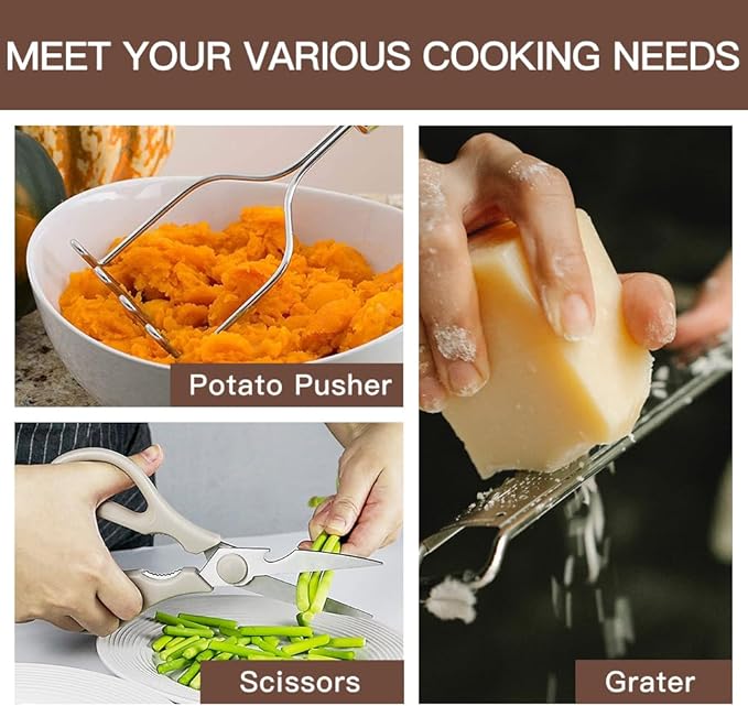 Kitchen Utensils Set-Silicone Cooking Utensils-33pcs Non-Stick Silicone Cooking Kitchen Utensils Spatula Set with Holder-Best Kitchen Cookware with Stainless Steel Handle (Khaki)