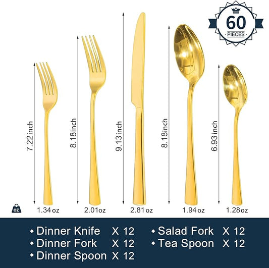 KINGSTONE Silverware Set for 12, 60-Piece Forged 18/10 Stainless Steel Flatware Set, Mirror Finish Cutlery Set Dishwasher Safe for Home, Restaurant, Wedding, Party, Gold