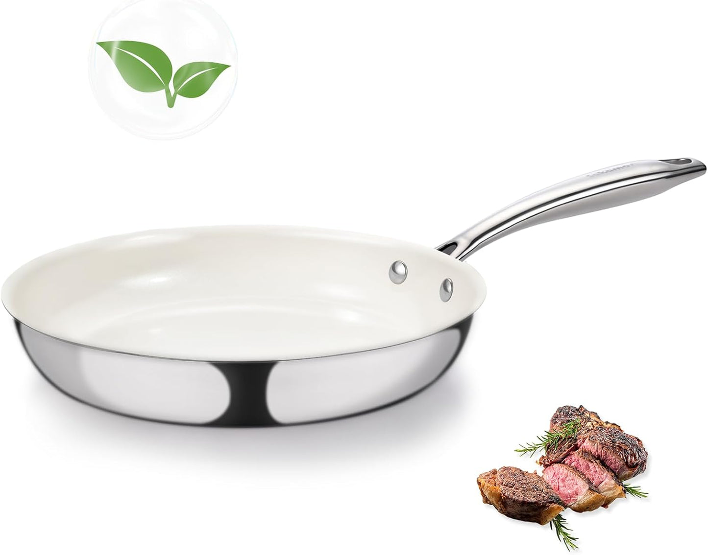 8" Tri-Ply Stainless Steel Frying Pan, Nonstick Ceramic Pan, Skillet with Stay-Cool Handle, Non Toxic, PFAS PFOA PTFE Free, Dishwasher & Oven Safe, Induction, Compatible with All Cooktops