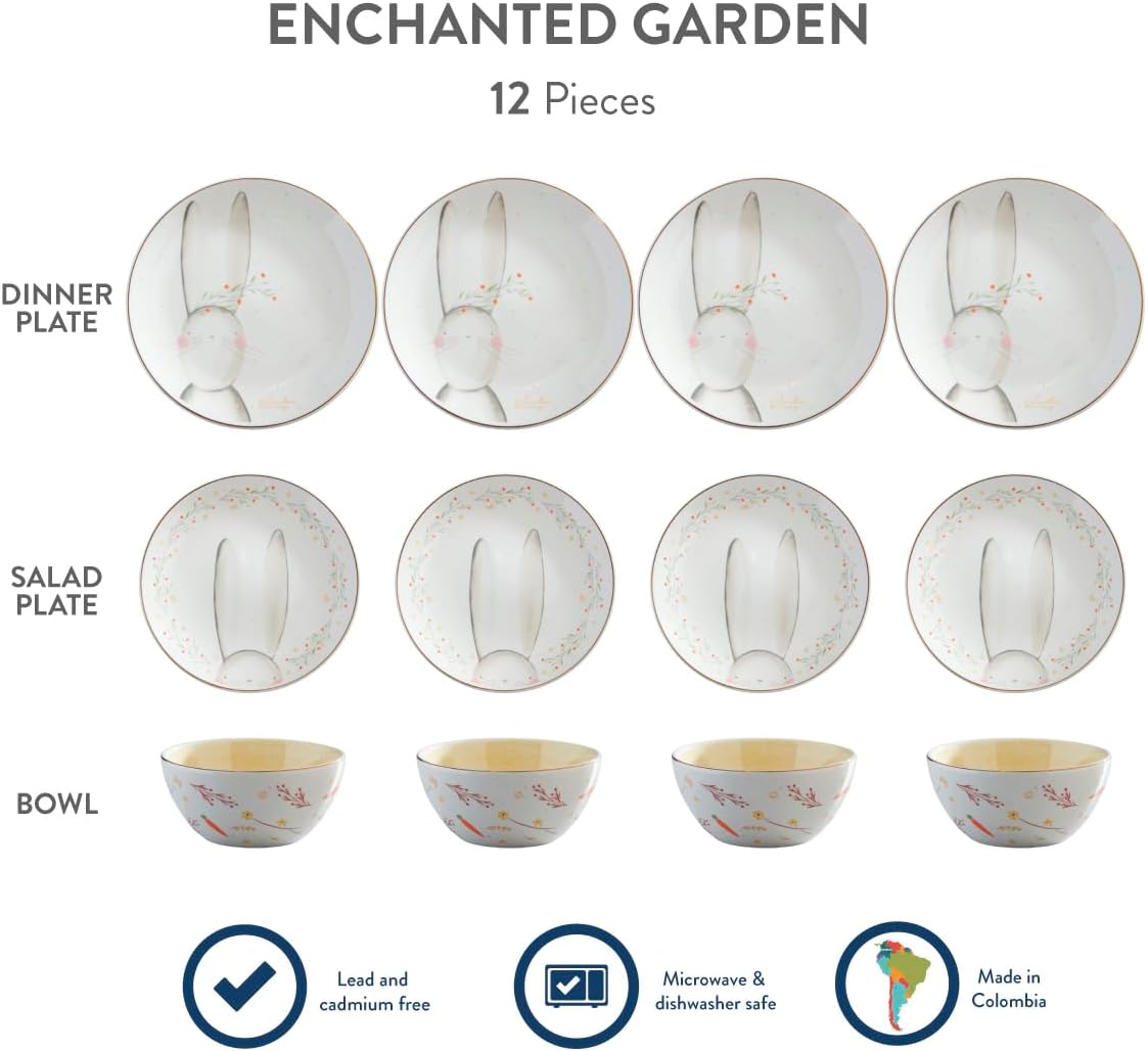 Corona 12-piece thematic and modern Ceramic Dinnerware Sets | Plates and Bowls | Service For 4 | Blossom Bunny chritmas