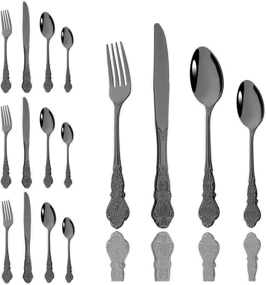 JASHII 24-Piece Black Cutlery Set Silverware Set, Mirror Polished, Stainless Steel Flatware Cutlery Eating Utensils Service for 6, Unique Elegant Pattern, Dishwasher Safe (Black)