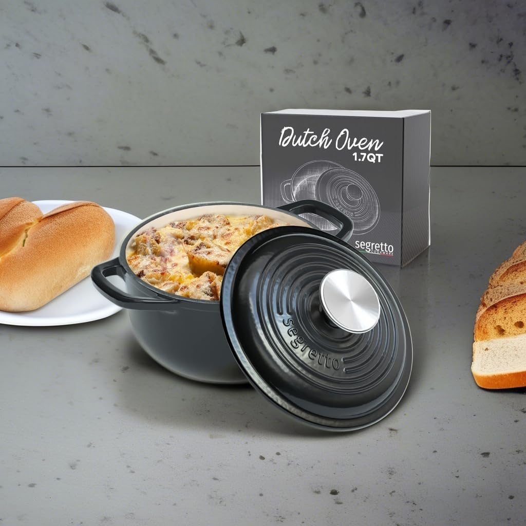 Segretto Cookware Enameled Dutch Oven Pot with Lid Cast Iron Nero (Black) 1.7 Quarts Enamel Small Cast Iron Dutch Oven for Bread Baking, Cooking