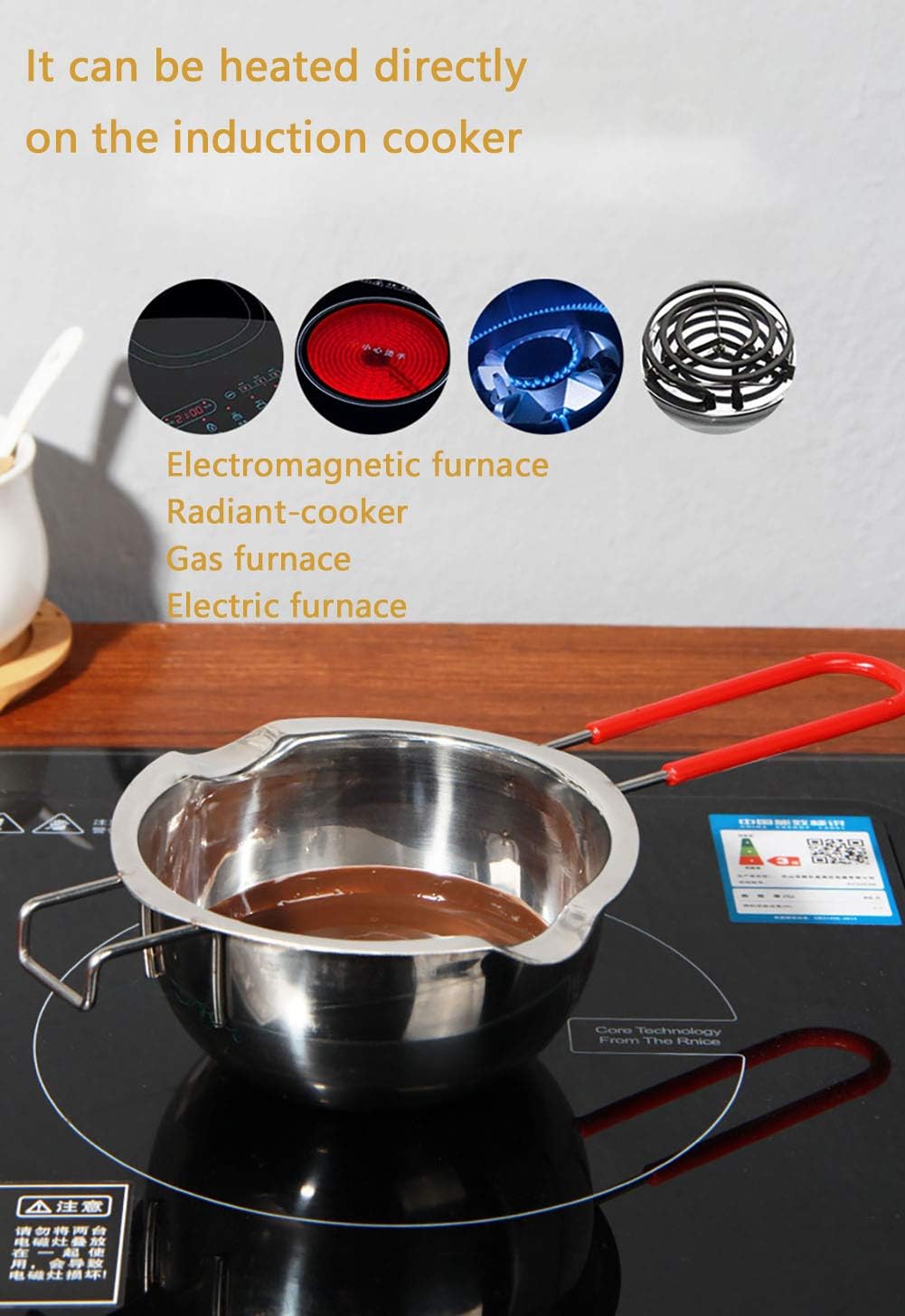 Stainless Steel Double Boiler Pot, 600ML Updated Melting Pot with Silicone Spatula for Melting Butter,Chocolate, Candy, Cheese and Caramel (Red)