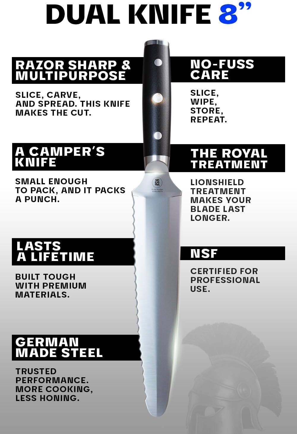 Dalstrong Dual Chef Knife - 8 inch - Gladiator Series Elite - Straight+Serrated Edge - Forged High Carbon Steel Sharp Kitchen Knife - Full Tang Knife Gift- Black G10 Handle - Sheath - NSF Certified