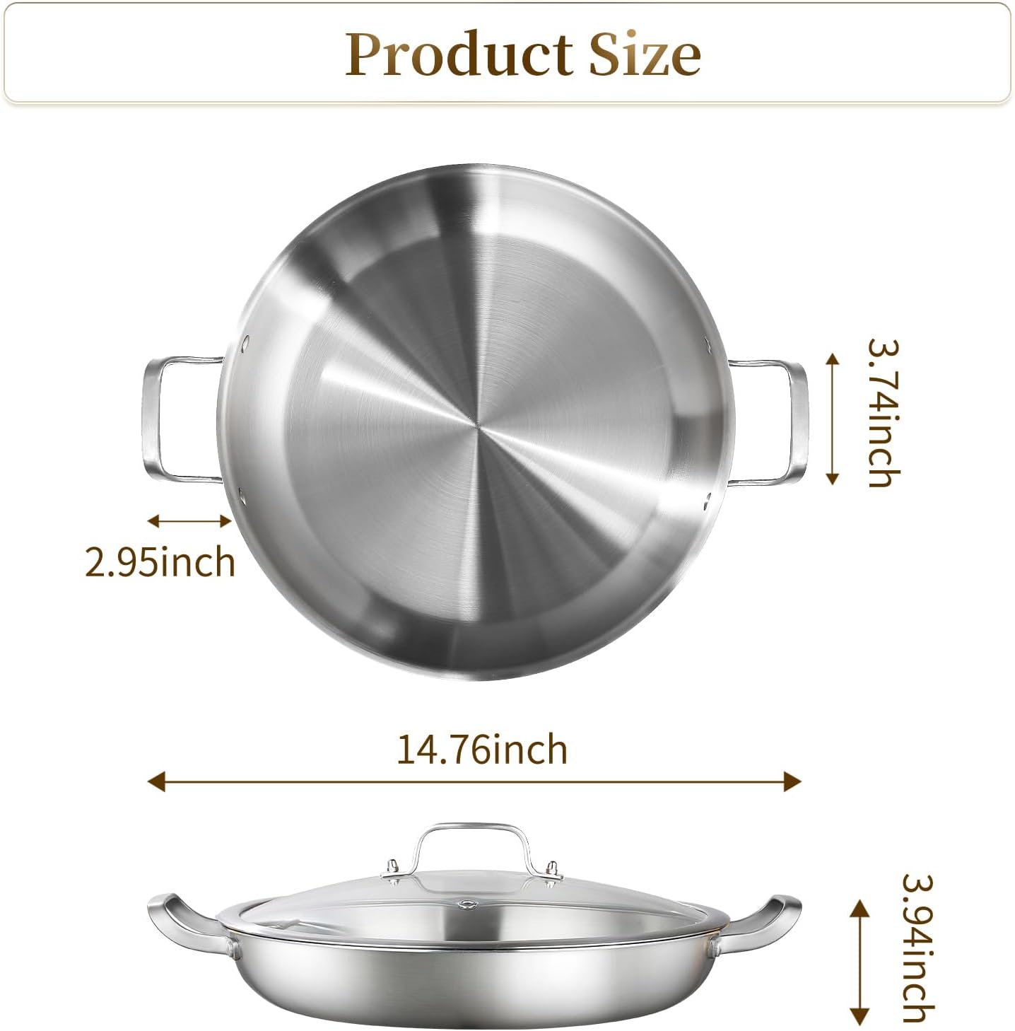 DELARLO Paella Pan 14 Inch Tri-Ply Stainless Steel Paella Pan with Lid, Jumbo Frying Pan, kitchen Induction Large Skillets,Great for Paella Parties Indoors Outdoors,Heavy Duty Style