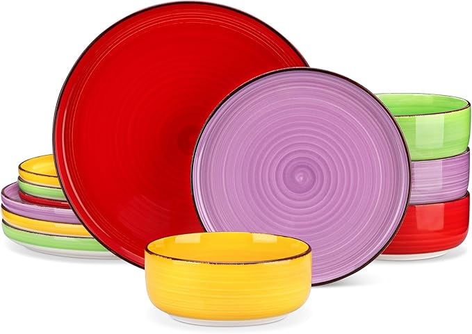 vancasso Bonita Stoneware Dinnerware Sets, 12 Pieces Dishes Set，Polished Round Plates and Bowls Set for 4, Dishwasher and Microwave Safe, Multicolor