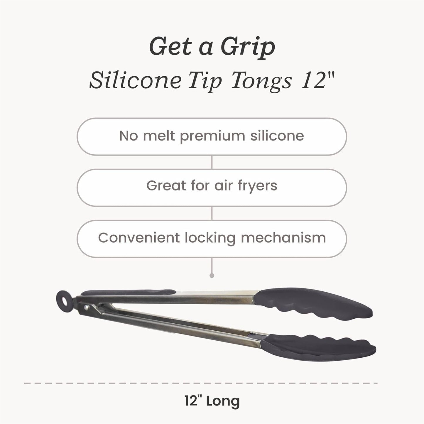 StarPack Premium Silicone Kitchen Tongs 12-Inch - Stainless Steel with Non-Stick Silicone Tips, High Heat Resistant to 600°F, For Cooking, Serving, Grill, BBQ & Salad (Gray Black)