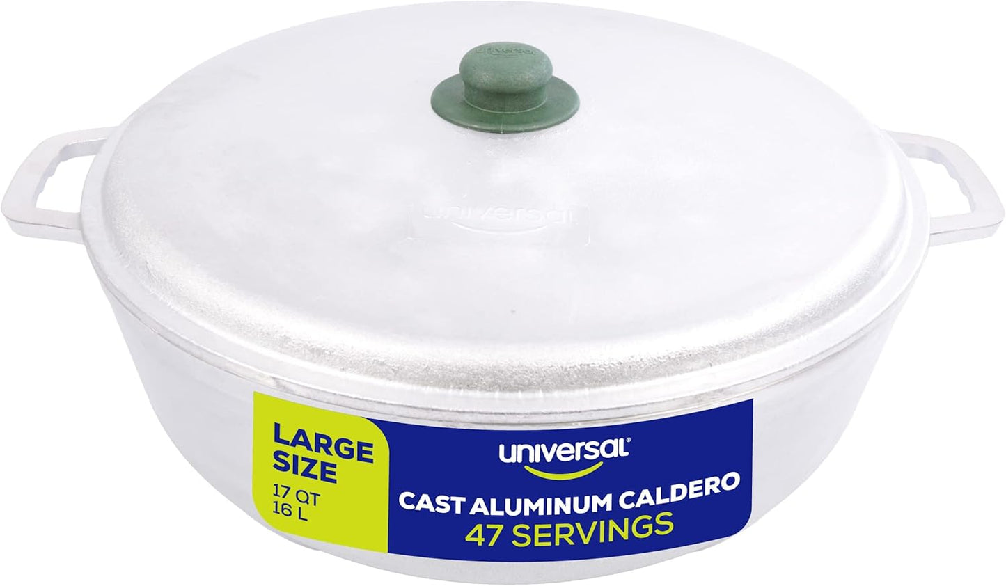 Universal (Professional Large) Caldero 47 Cups - 17 QT / 16 L, Stainless Aluminum Pot, Even Heat Distribution and Fast Cooking Dutch Oven Pot, Ergonomic Handles, Ideal for Rice, and French Fries