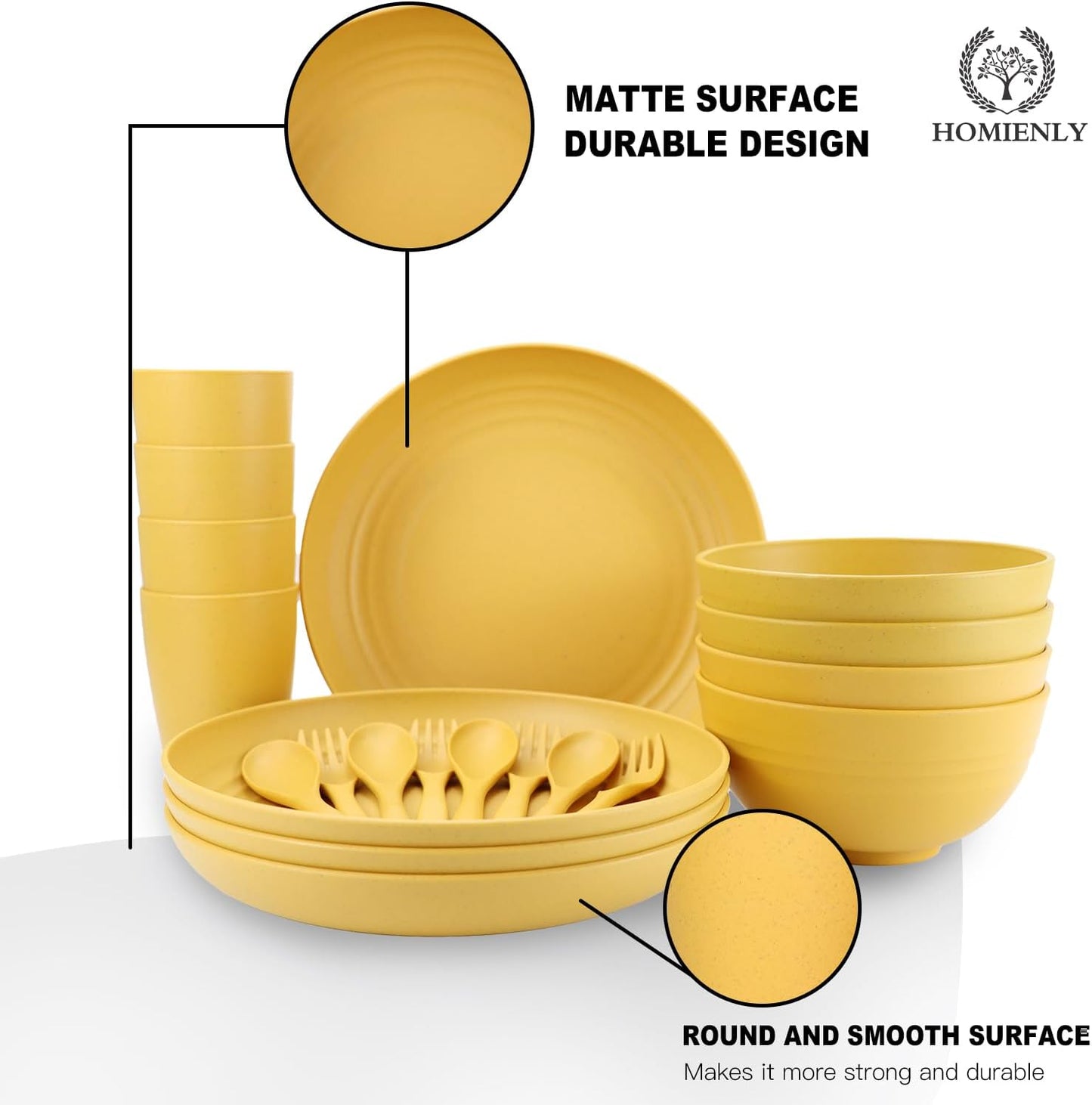 Wheat Straw Dinnerware Sets, Homienly 20pcs Unbreakable Microwave Dishwasher Safe Tableware Lightweight Bowls, Cups, Plates Set Reusable Dinner Plates Bowls set (Yellow)