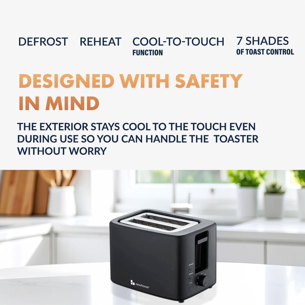 Newhouse 700W Black 2-Slice Toaster with Auto Pop-up and Auto Shut-off NHT-001-BLK, Cool-to-Touch Kitchen Appliance and Apartment Essential, Kitchen Countertop Staple for the Modern Home