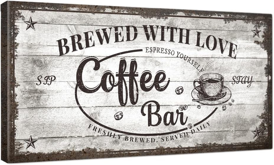 IPIC - Vintage Coffee Bar Sign Brewed with Love, Canvas Print Wall Art for Cafe, Farmhouse Style Wall Decor for Home Kitchen and Coffee Station