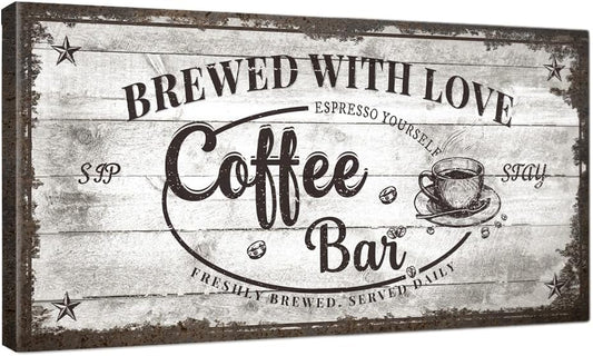 IPIC - Vintage Coffee Bar Sign Brewed with Love, Canvas Print Wall Art for Cafe, Farmhouse Style Wall Decor for Home Kitchen and Coffee Station