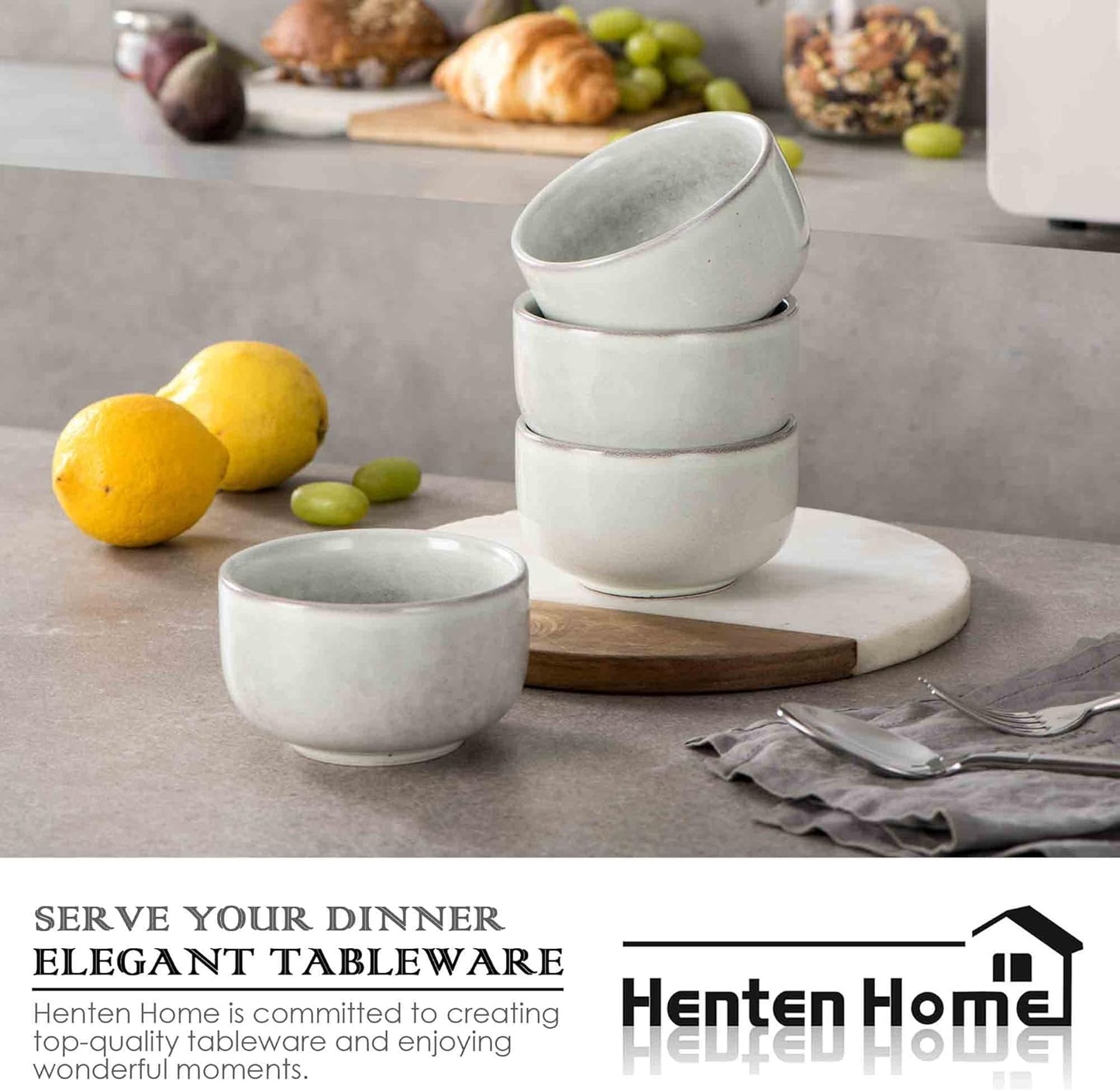 Henten Home Ceramic Salad Bowl Set, 15 OZ Cereal Bowls Set of 4, Porcelain Rice Bowls for Kitchen, Reactive Glaze Serving Soup Bowls for Snack, Pasta, Microwave Safe (Grey)