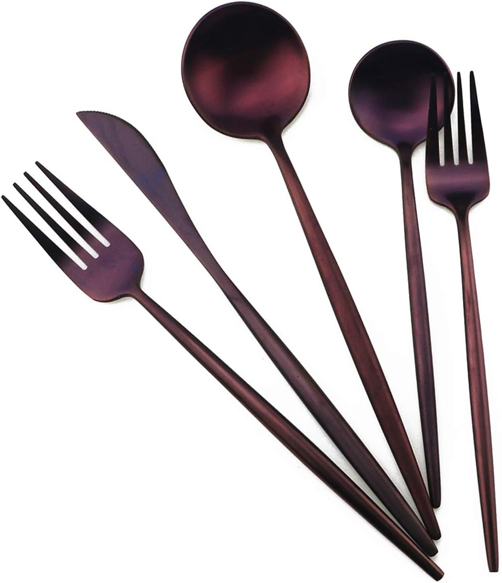 Matte Purple Silverware Set,Gugrida 5-Piece 18/10 Stainless Steel Satin Finish Flatware Set,Kitchen Utensil Set,Tableware Travel Cutlery Set for Camping Office or School Lunch, Dishwasher Safe