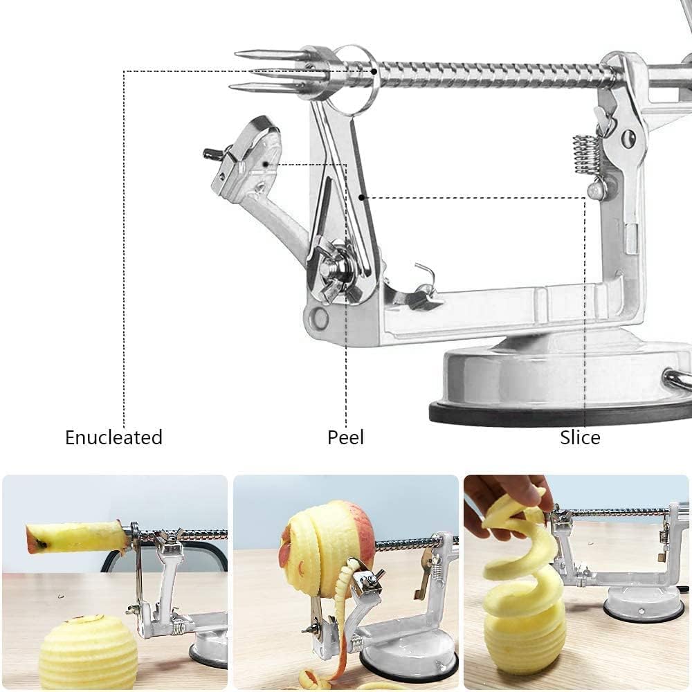 Apple Peeler, Slicer Corer Potato Peelers 3 In 1, Stainless Steel Heavy Duty Suction Cup Base And 7 Extra Blades (White)