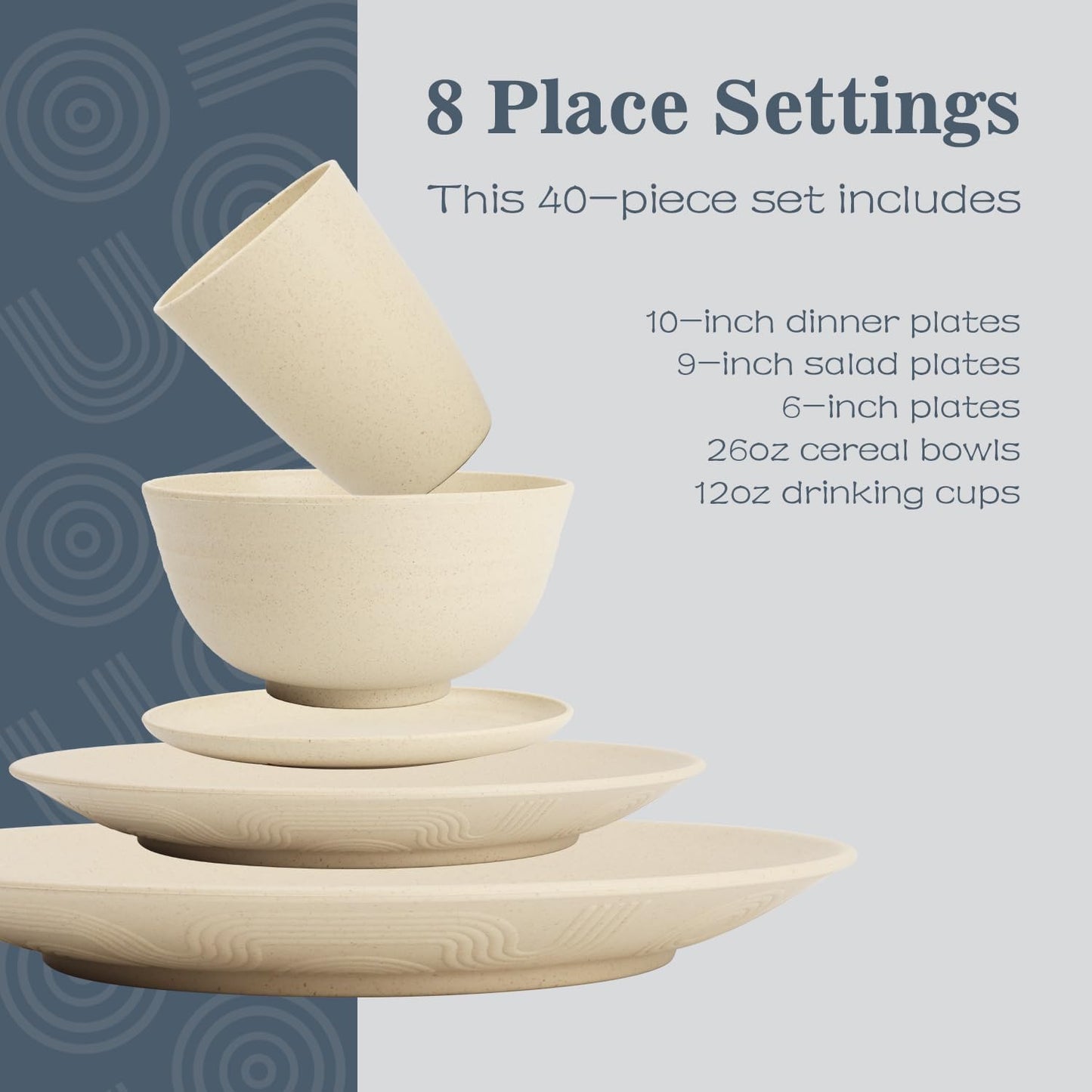 40 PCS Wheat Straw Dishes Sets | Reusable Dinnerware Set for 8 - Dinner Plates, Cereal Bowls, Drinking Glasses Unbreakable Plastic Plates and Bowls Sets Microwave Safe for Kitchen - Beige