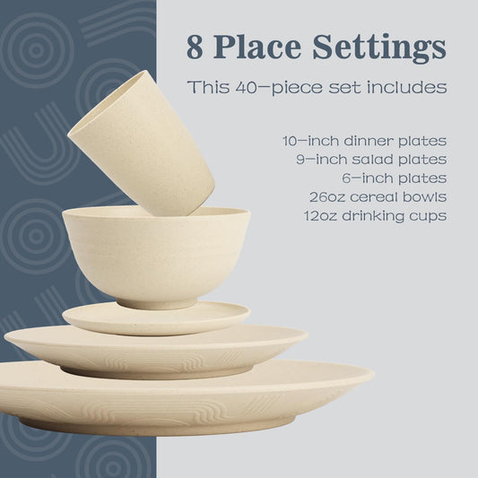 40 PCS Wheat Straw Dishes Sets | Reusable Dinnerware Set for 8 - Dinner Plates, Cereal Bowls, Drinking Glasses Unbreakable Plastic Plates and Bowls Sets Microwave Safe for Kitchen - Beige