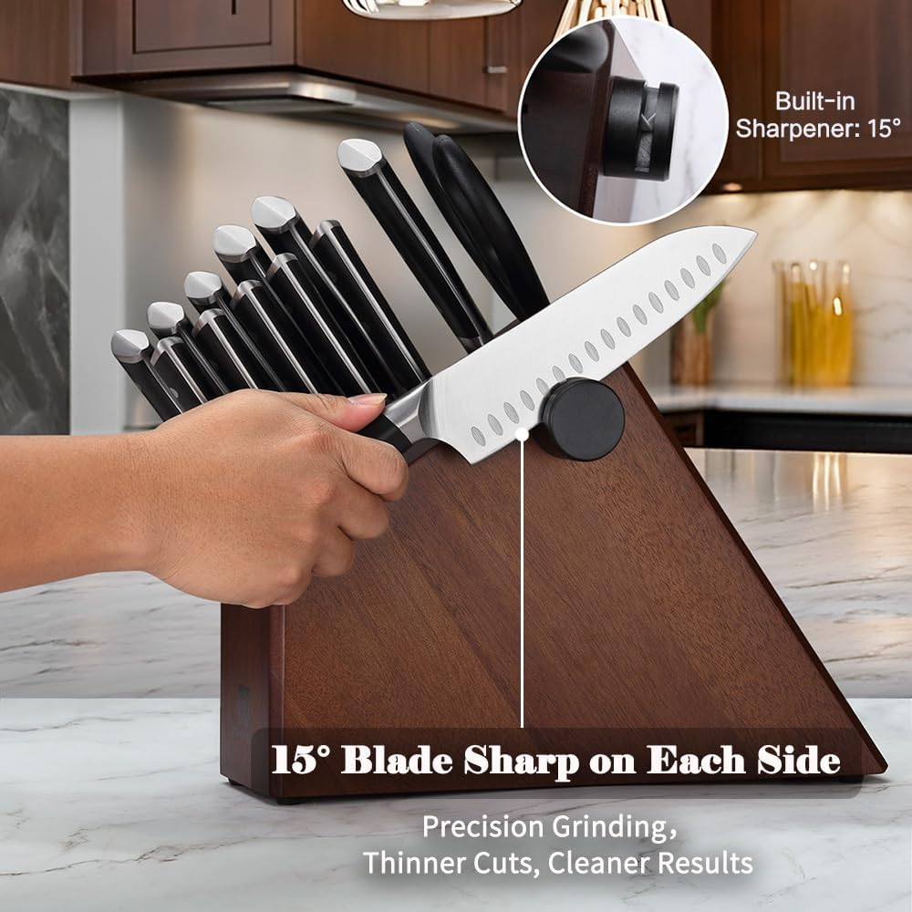 Knife Set,15-Piece Kitchen Knife Set with Block and Sharpener,50Cr15Mov High Carbon Stainless Steel,Razor Sharp Professional Knives,Ultra-Smooth knife,Ergonomic Black Anti-slip Handles,Dishwasher Safe