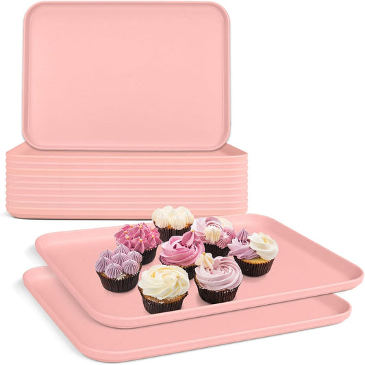 Plastic Serving Trays, 12 Pack Cafeteria Trays Plastic Fast Food Tray for DIY Projects, Painting, Beads, Organizing Supply, 9.4 X 6.7 X 0.6 Inches (Light Pink)