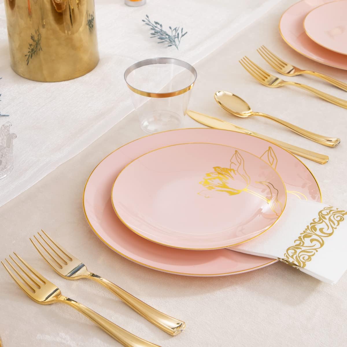 Nervure 175PCS Pink Plastic Plates - Floral Pink Gold Disposable Plates Include 50Plates, 25Forks, 25Knives, 25Spoons, 25Cups, 25Napkins Perfect for Wedding & Party & Easter & Mother's Day